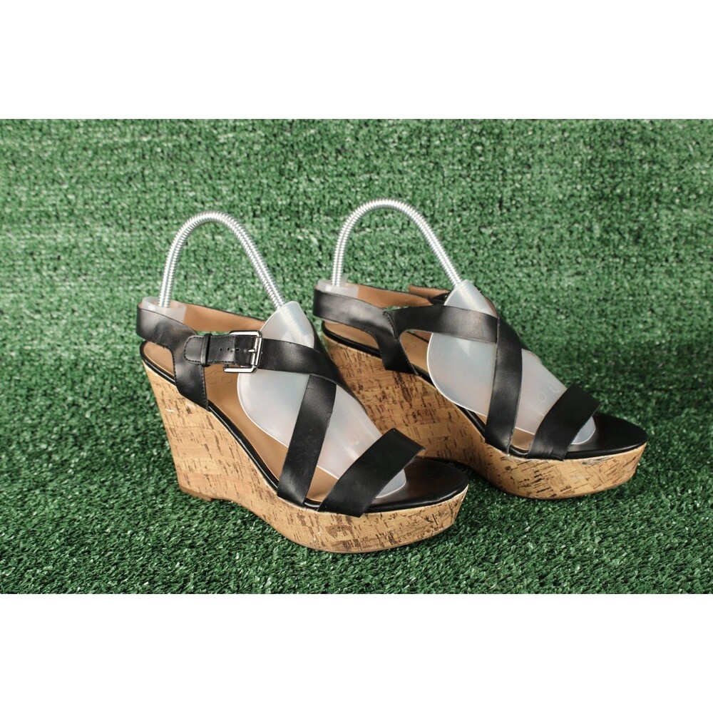 Franco Sarto Sandals Womens 9M Cross Strap Pump Black Leather Stallion Wedge